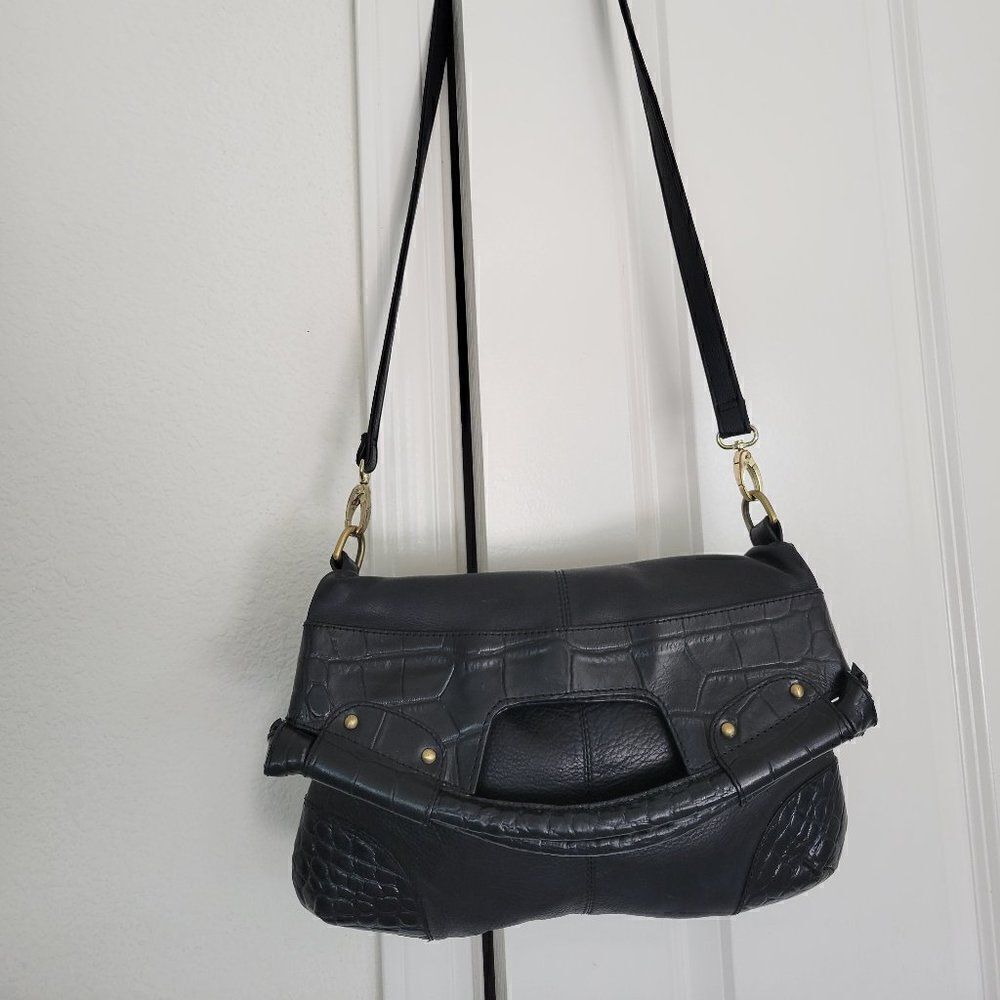 Michael Rome Black Leather Croc-Embossed Shoulder Tote